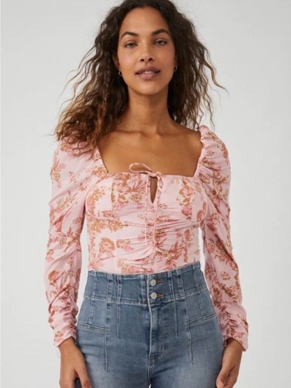 Free People Size Small Flower Fields Ruched Long Sleeve Crop Top - NWT